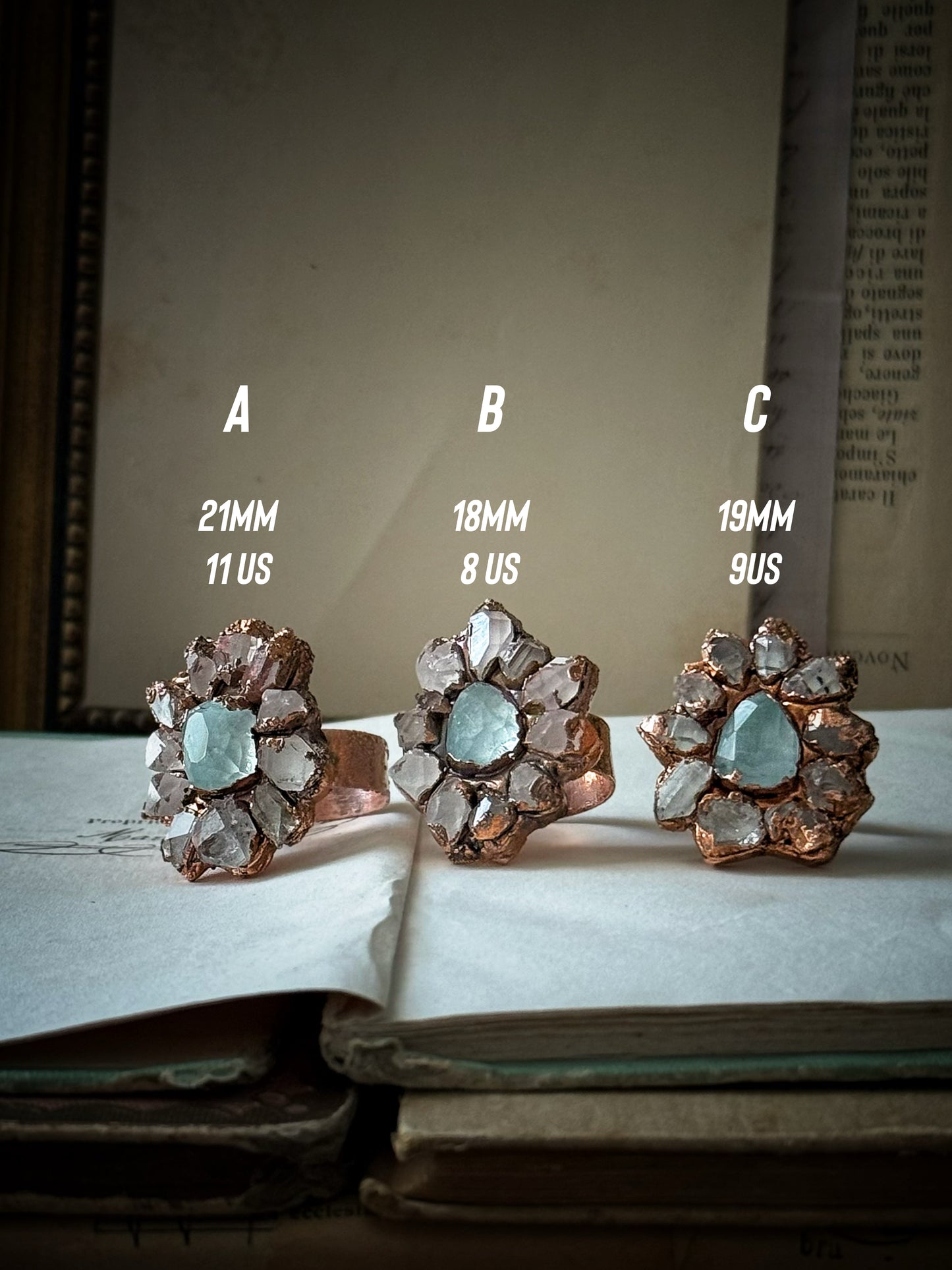 Tre anelli con Herkimer e acquamarina sfaccettata — Ebbijoux