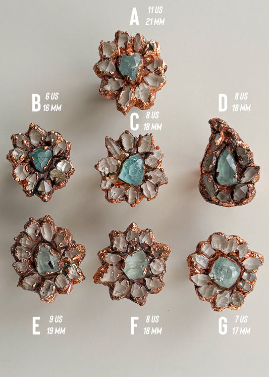 Copper Ring with Herkimer Quartz and Aquamarine | Sizes 6-7-8–9–11