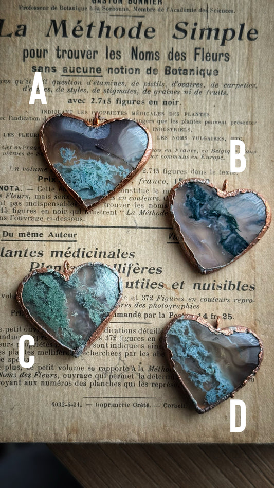 Moss Agate Heart Necklace. Copper and natural stone pendants. Heart necklaces for nature lovers. Custom-made.