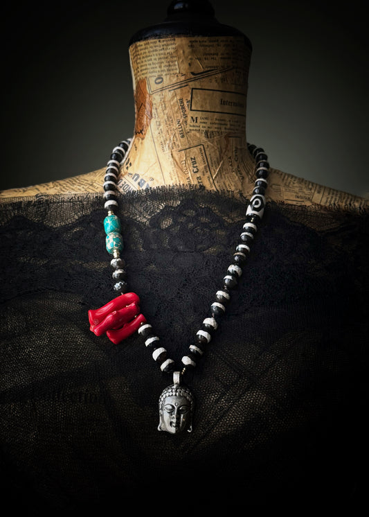 Collana con Agata Dzi , corallo bambù e ciondolo Buddha – Ebbijoux