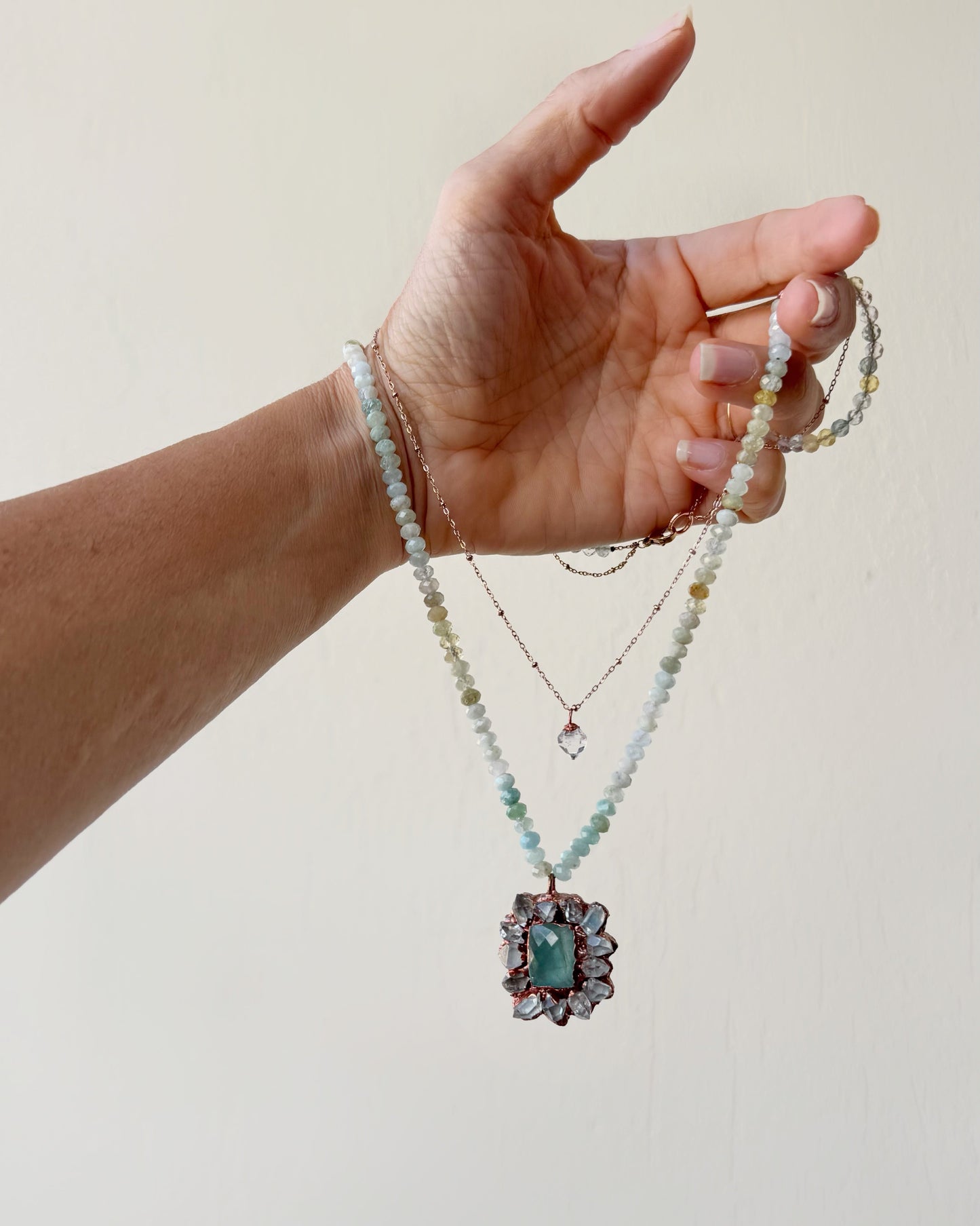 Collana doppia con acquamarina ed Herkimer