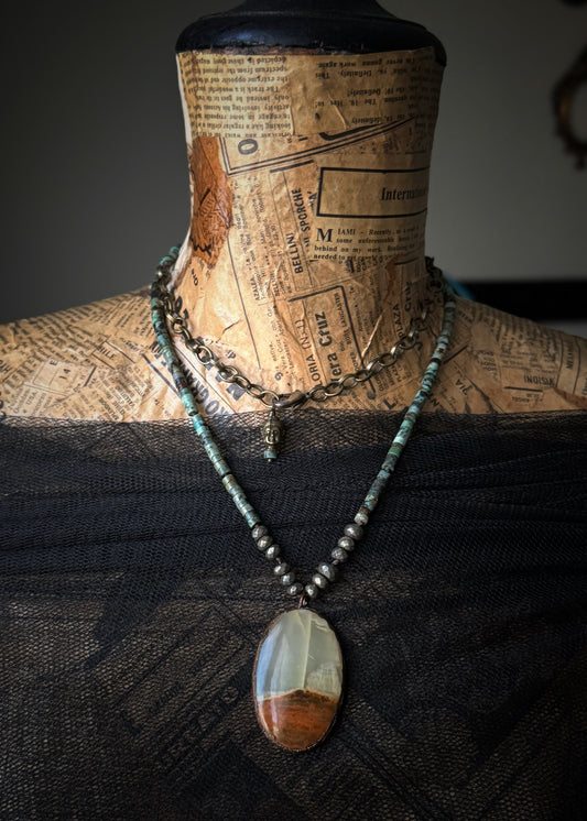 Long African Turquoise and Green Calcite Necklace | Double Wrap