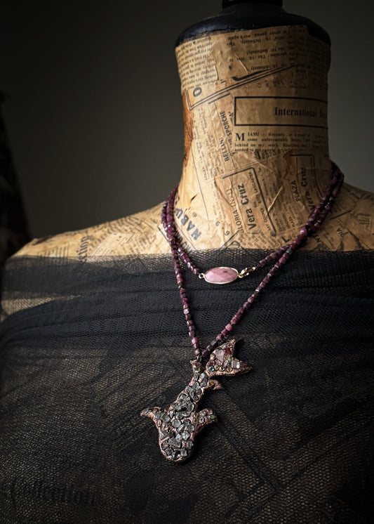 Long Necklace in Ruby Root with Herkimer, Tourmalines and Rhodochrosite