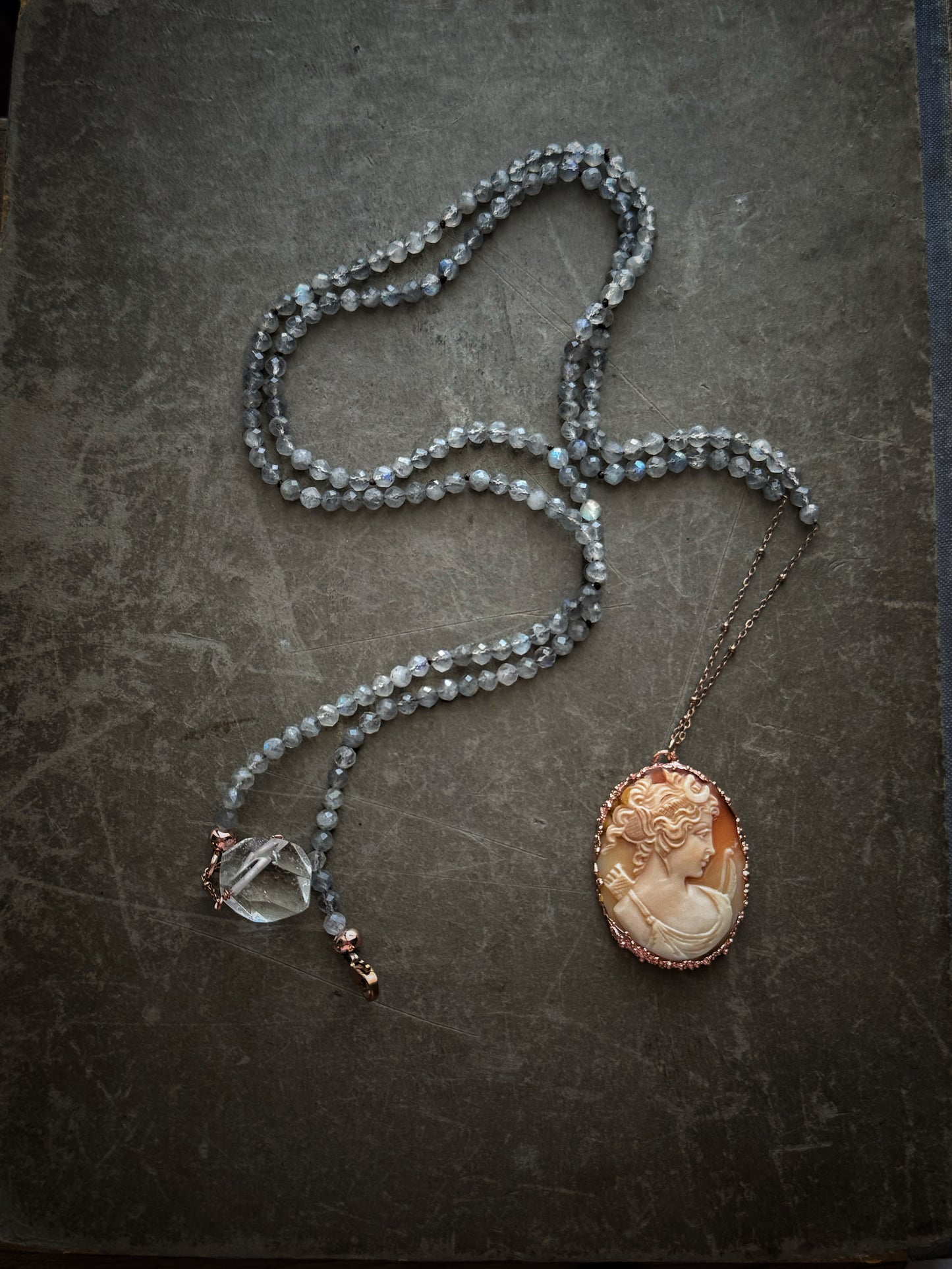 Long Necklace with Antique Cameo and Labradorite - Ebbijoux