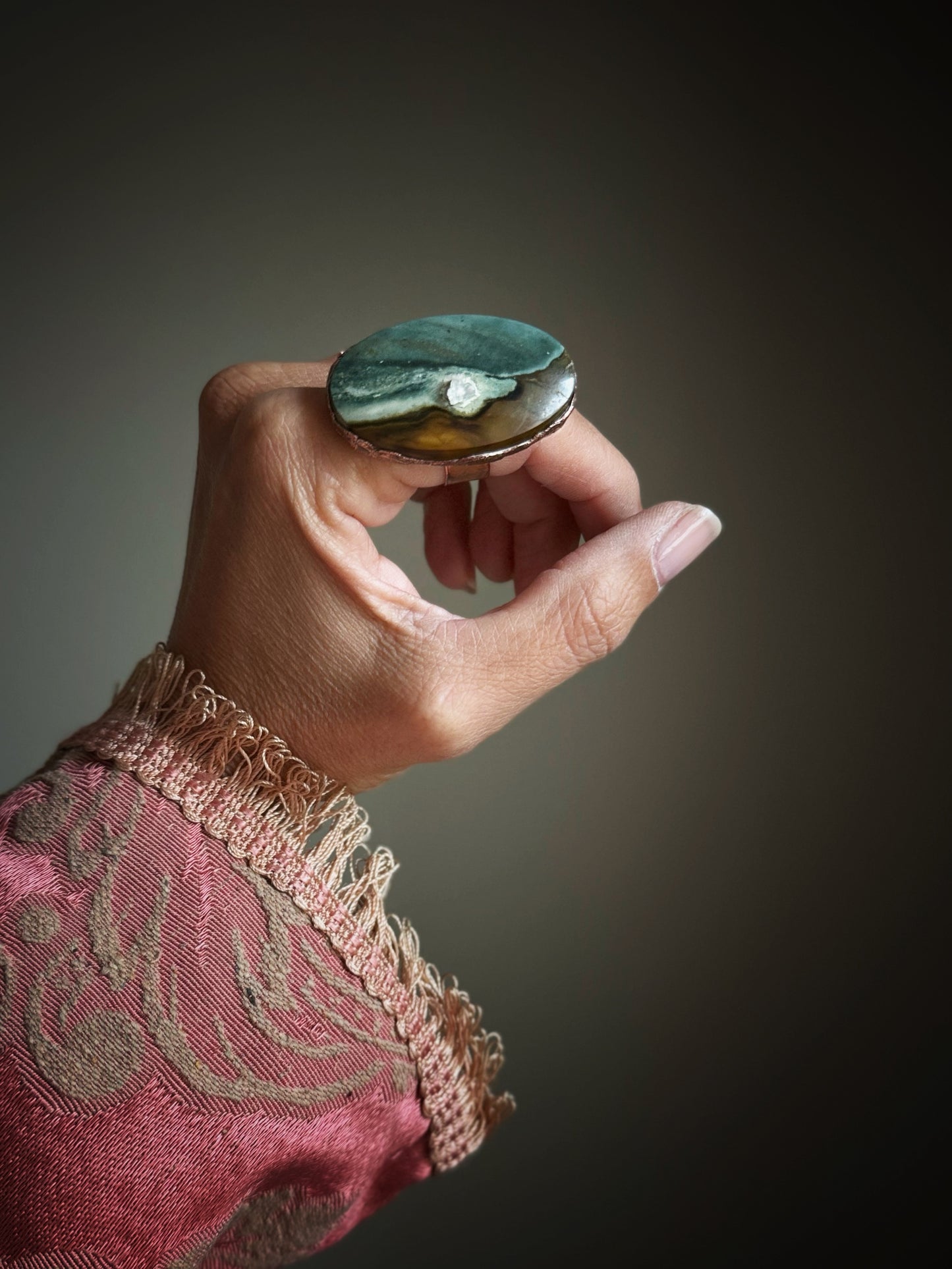 Ring with Ocean Jasper and Herkimer Micro-Clusters