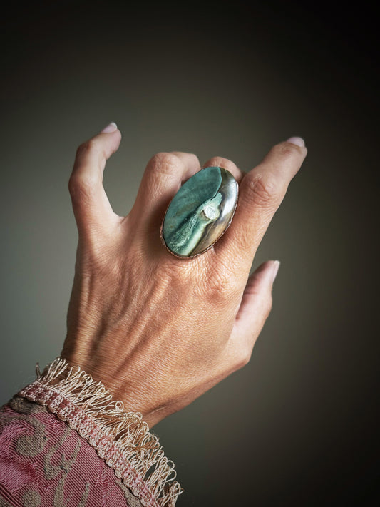 Anello con Diaspro oceano e micro-cluster di Herkimer Mis. 9