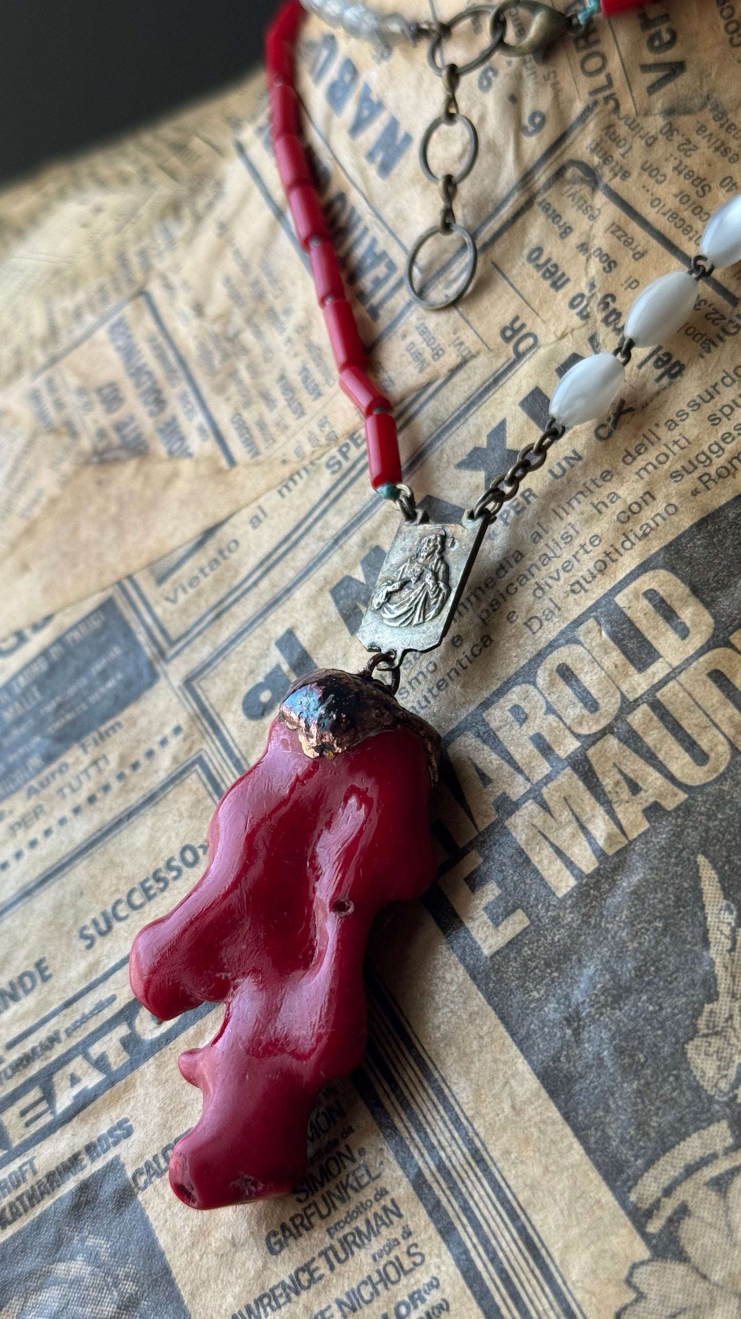 Necklace with coral, labradorite and a piece of antique rosary