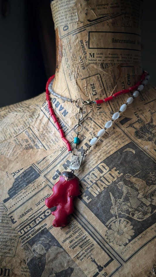 Necklace with coral, labradorite and a piece of antique rosary