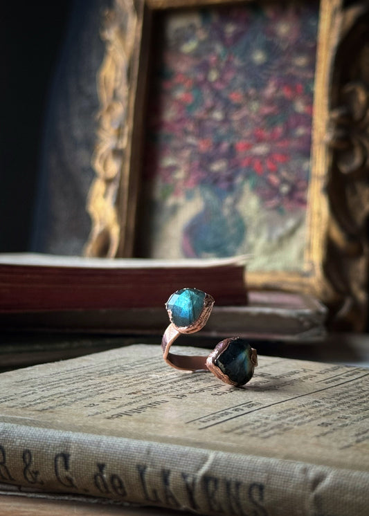 Adjustable open ring with labradorite hearts size 6-7