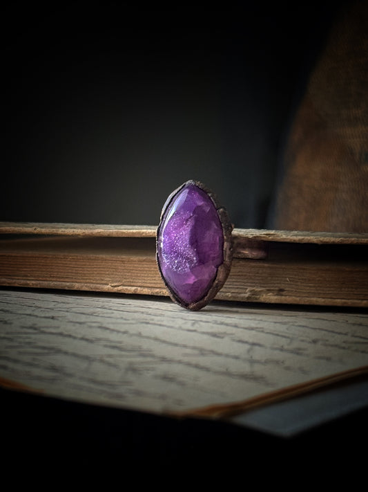 Burnished Copper Ring with Purple Agate Geode - Size 10 US (20mm)