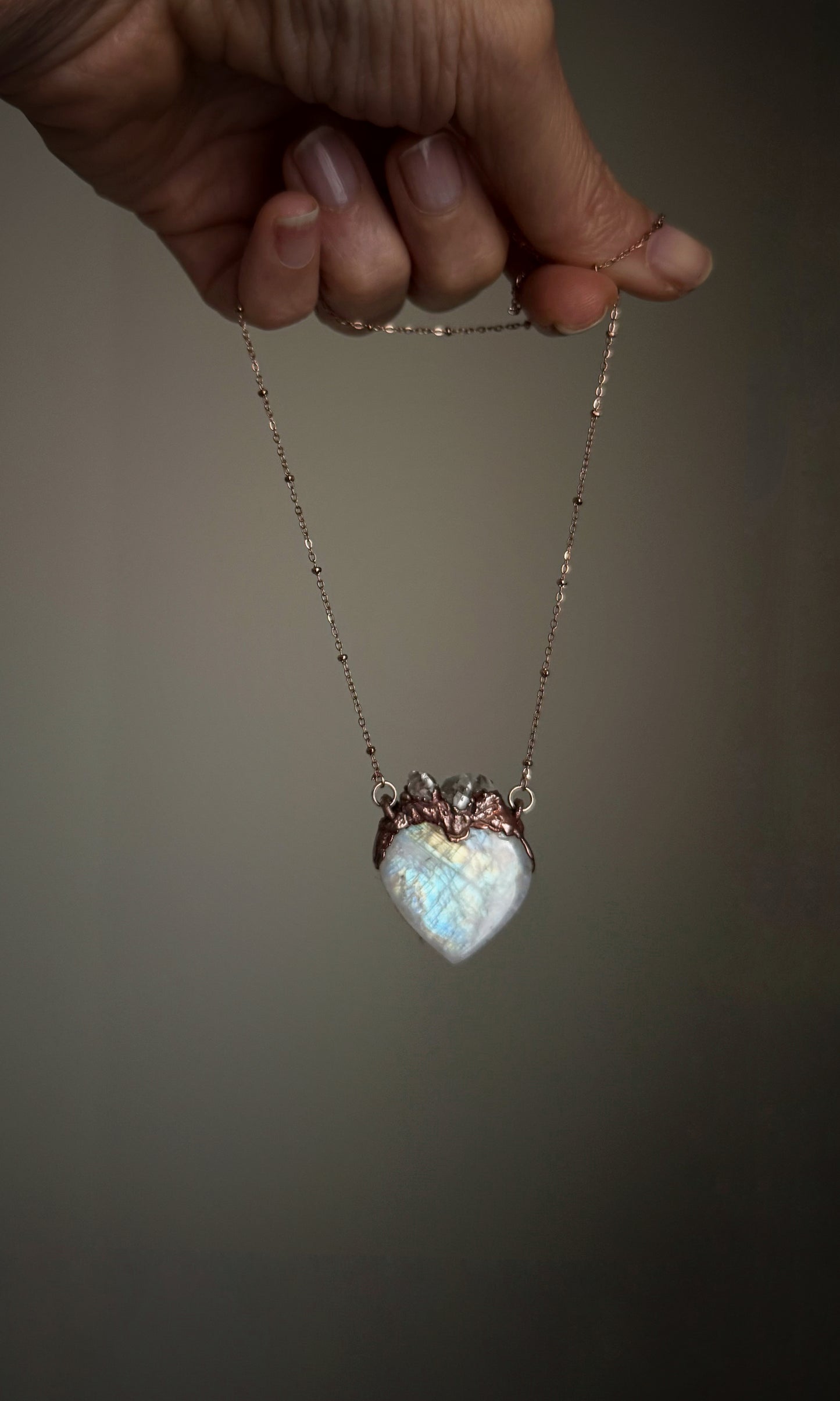 Sacred Heart Necklace with White Labradorite and Herkimer Quartz - One of a Kind