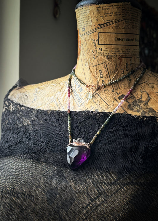 Collana Ex Voto con Ametista Sacro Cuore, Tormalina Multicolore e Diamanti Herkimer