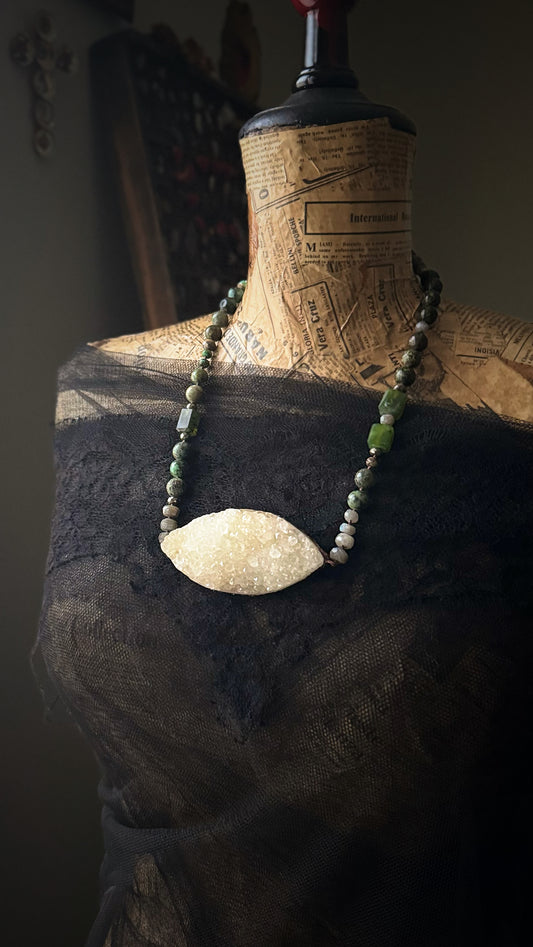 Necklace with quartz, turquoise and prehnite druse