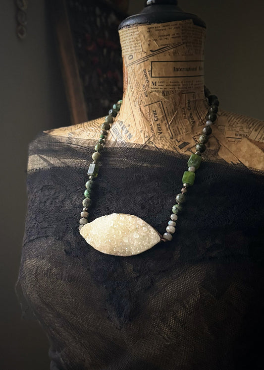 Necklace with quartz, turquoise and prehnite druse
