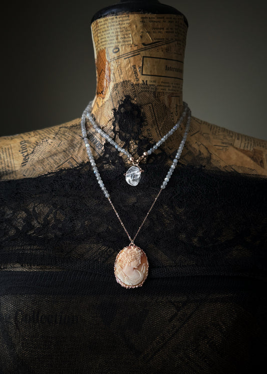 Long Necklace with Antique Cameo and Labradorite - Ebbijoux