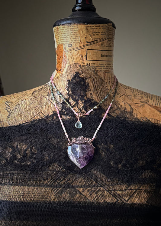 Ex Voto Necklace with Sacred Heart Amethyst, Multicolor Tourmaline, and Herkimer Diamonds