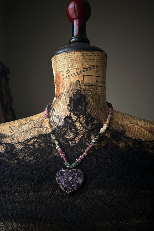 Necklace with Tourmaline and Amethyst Heart