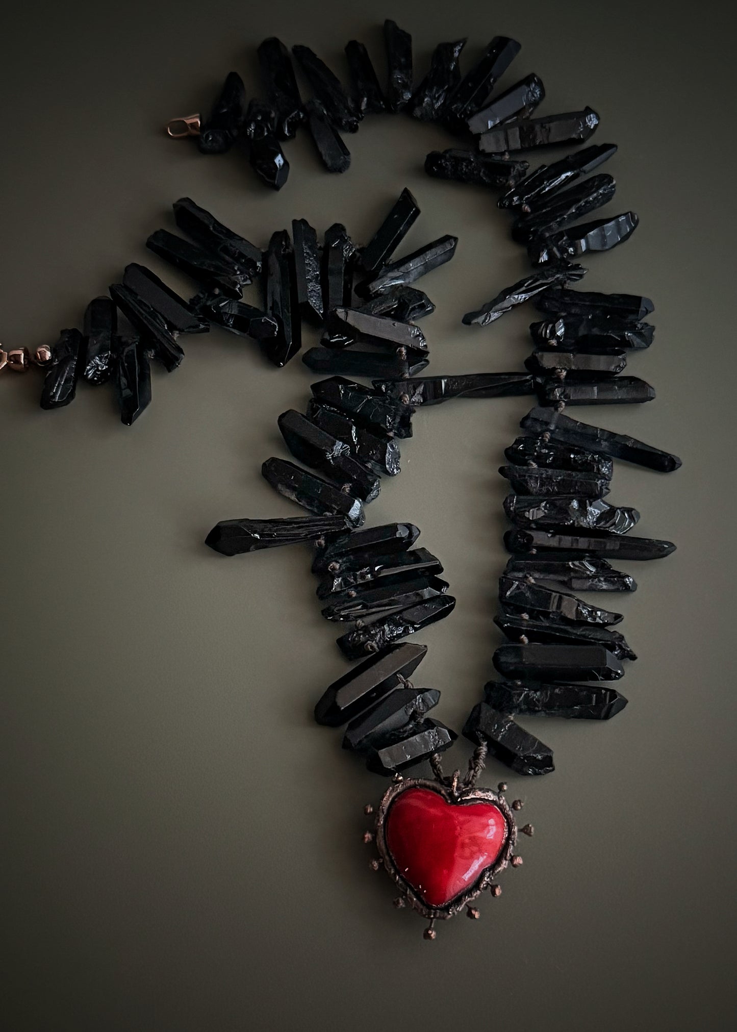 Natural black quartz nuggets and spikes with matte finish, handmade necklace detail, Ebbijoux