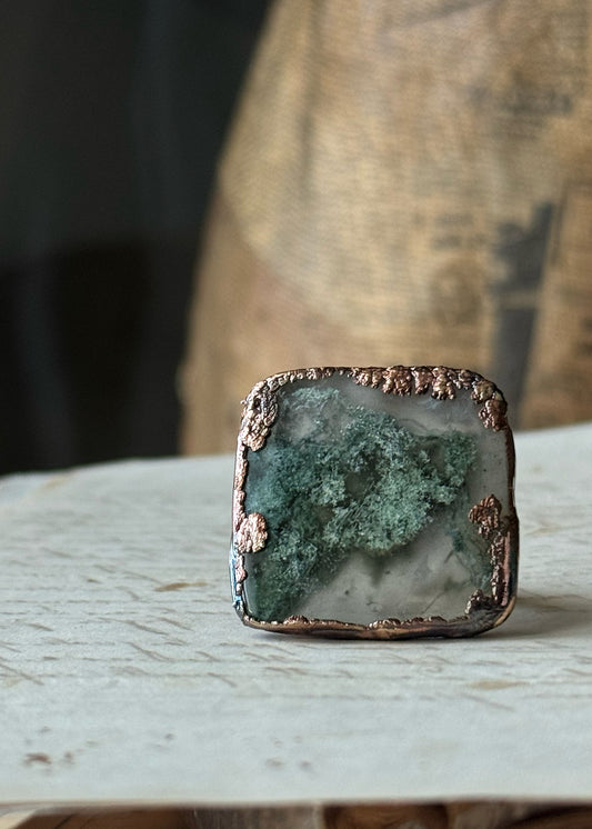 Square moss agate copper ring — Size 9 US