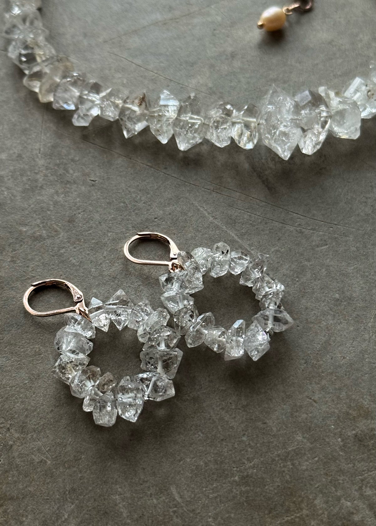 Rose gold hoop earrings with Herkimer diamonds and ear wires