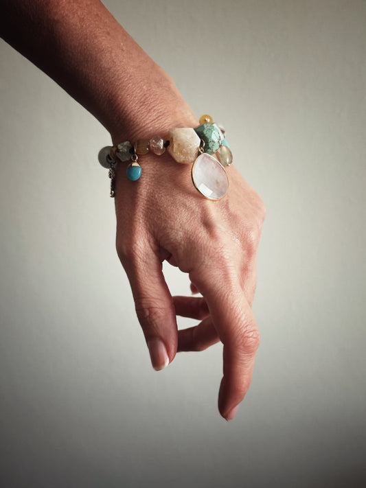 Aquamarine Drop Bracelet with Mixed Stones and Charms - Model 03