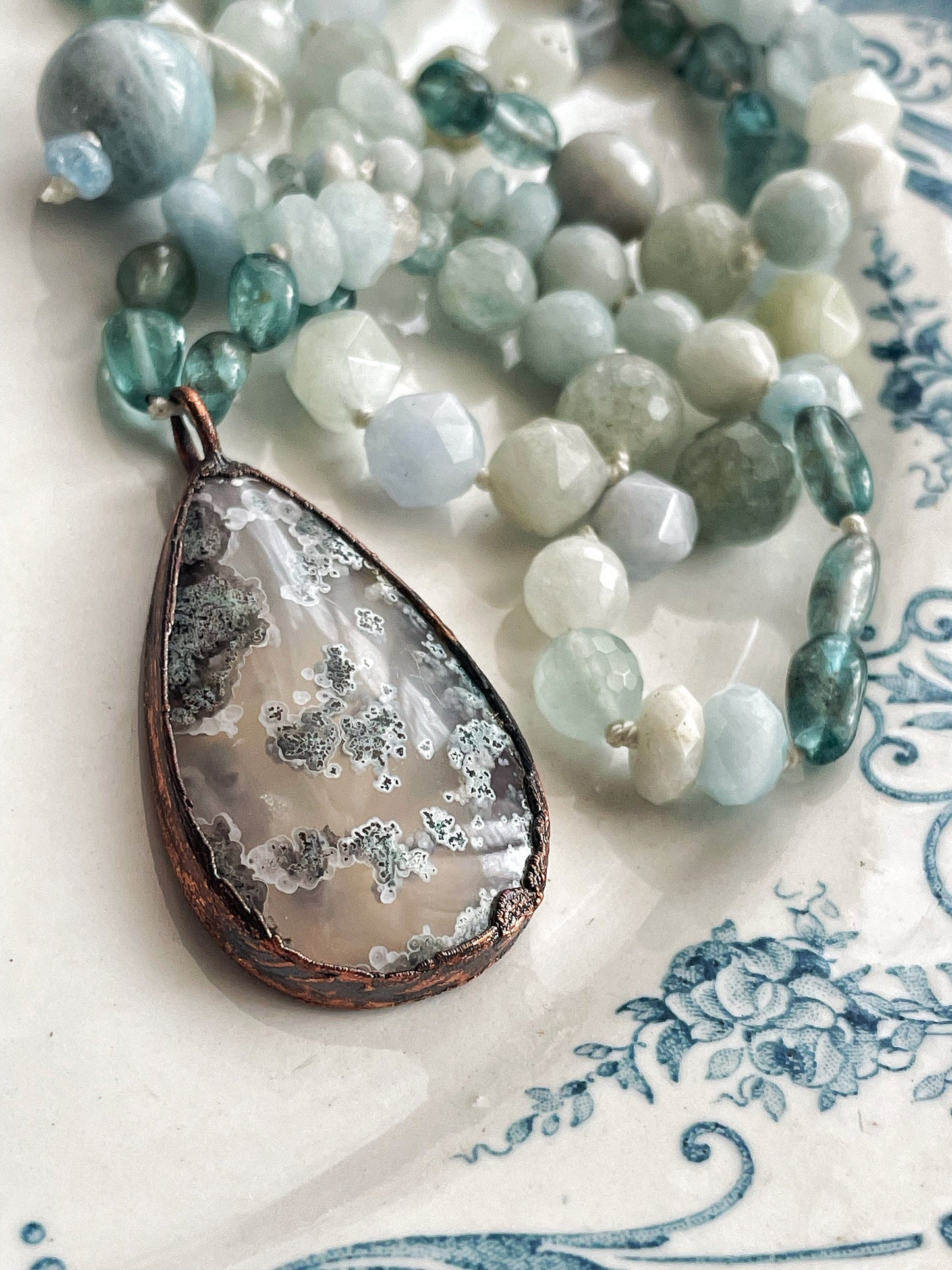 Aquamarine necklace and moss agate pendant