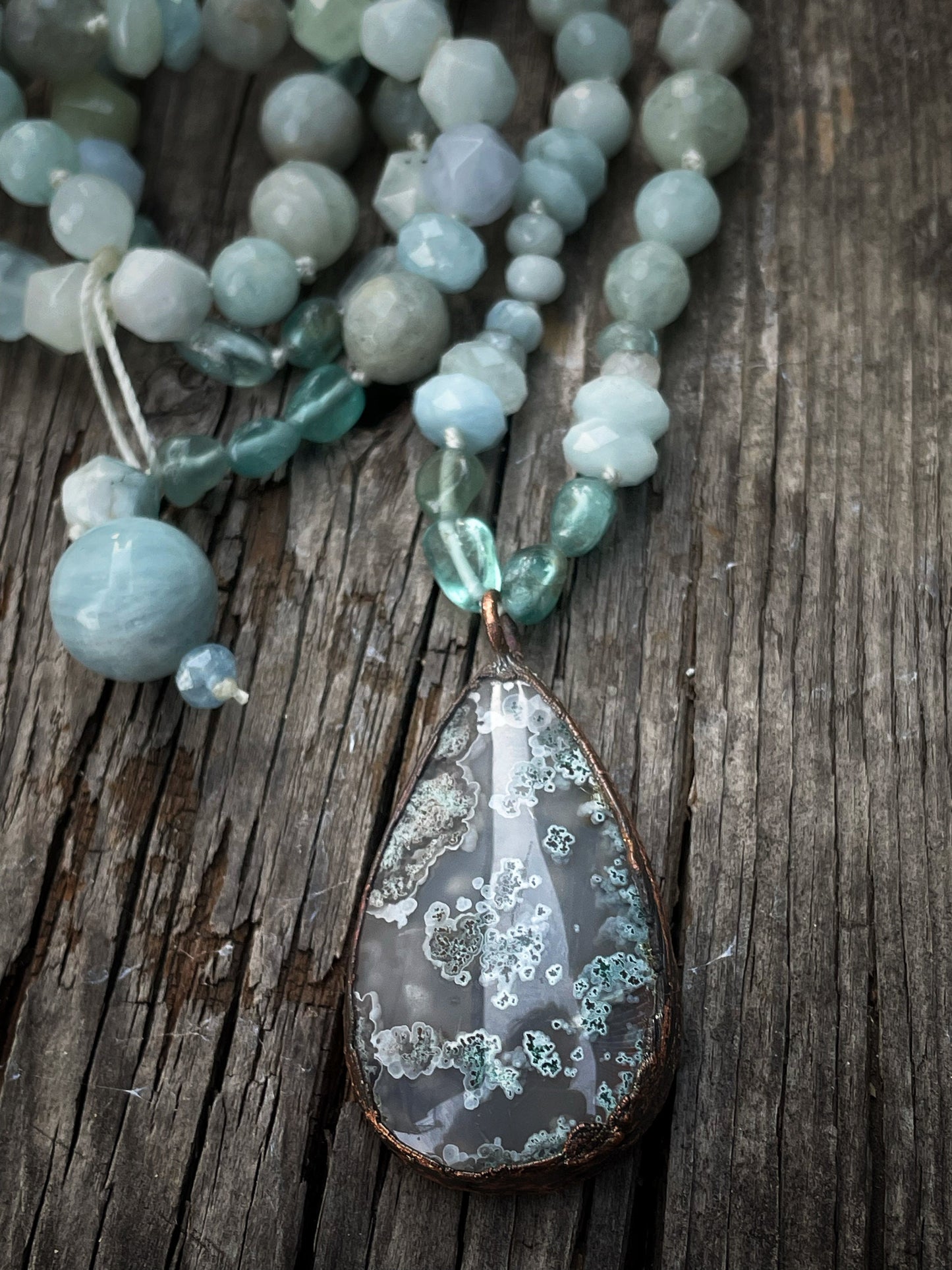 Aquamarine necklace and moss agate pendant