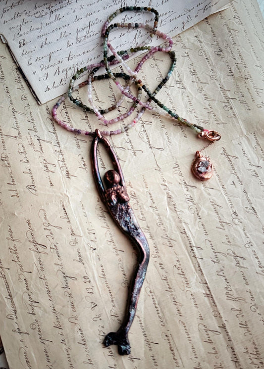 Hand-molded copper mermaid necklace