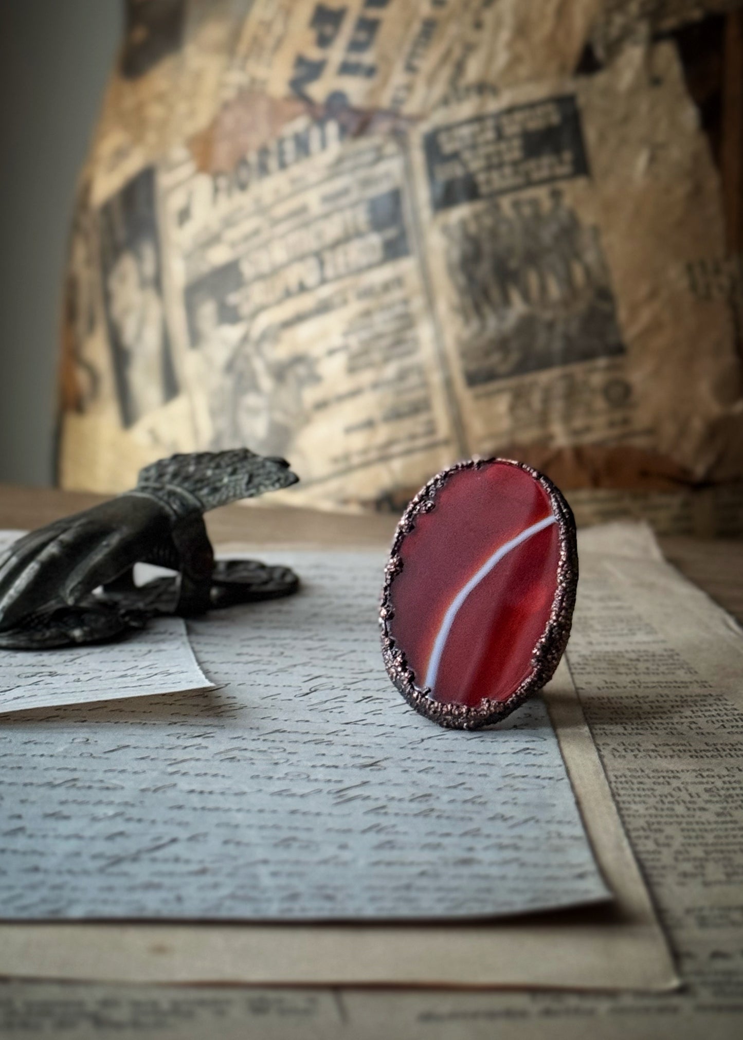 Copper Ring with Orange-Red Banded Agate — Size 6 US