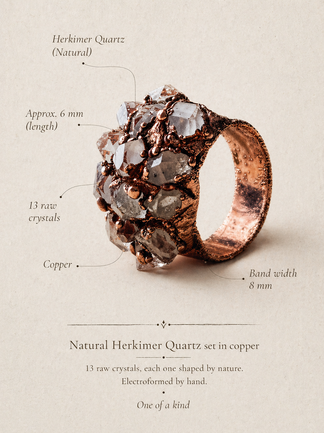 Herkimer Copper Band Ring - Raw Quartz - Various Sizes