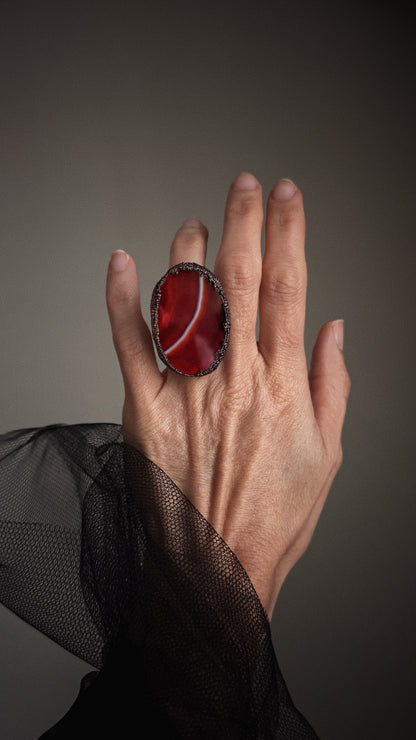 Copper Ring with Orange-Red Banded Agate — Size 6 US