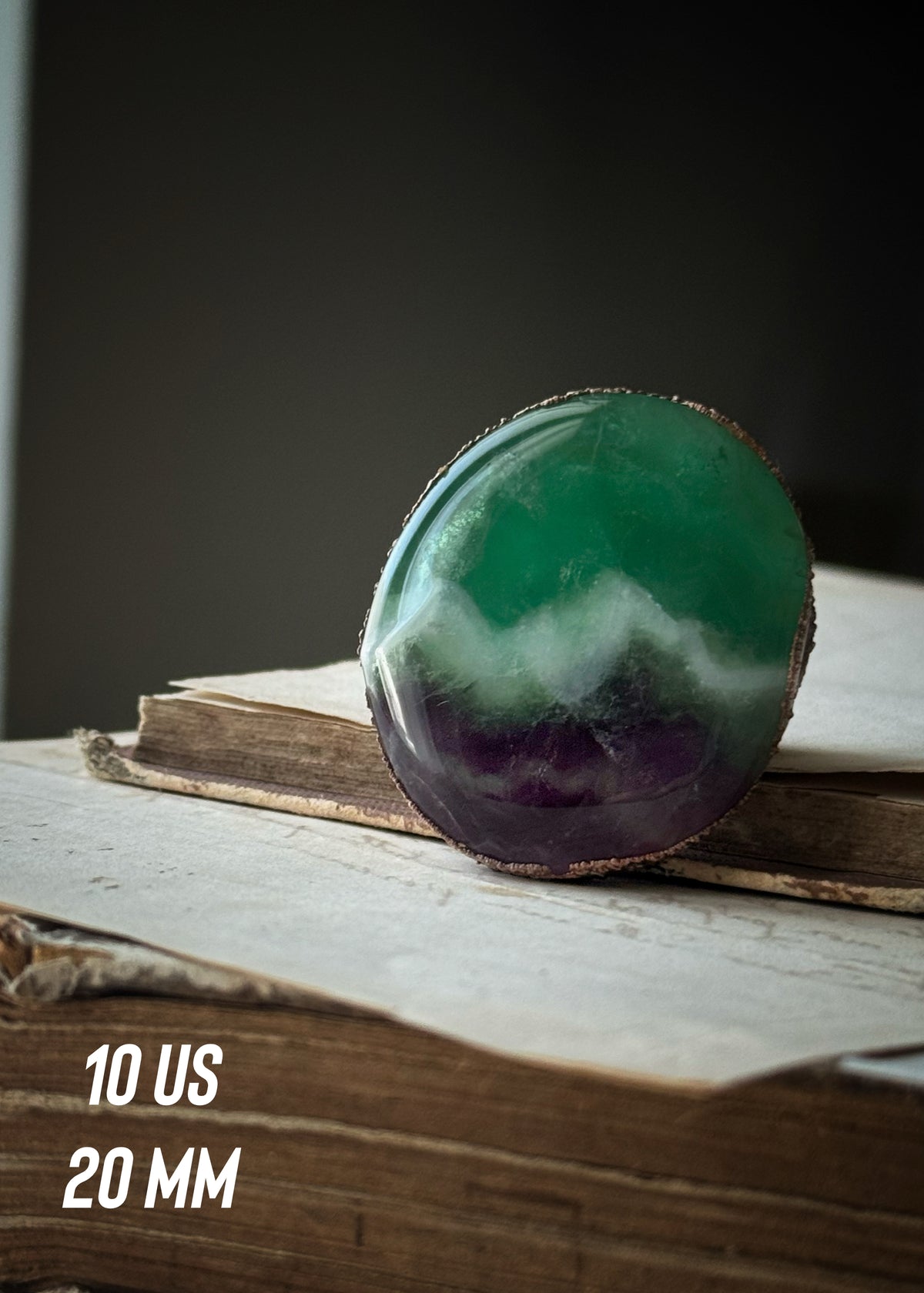 Anello in rame brunito con fluorite, misure 8-9-10–11 US