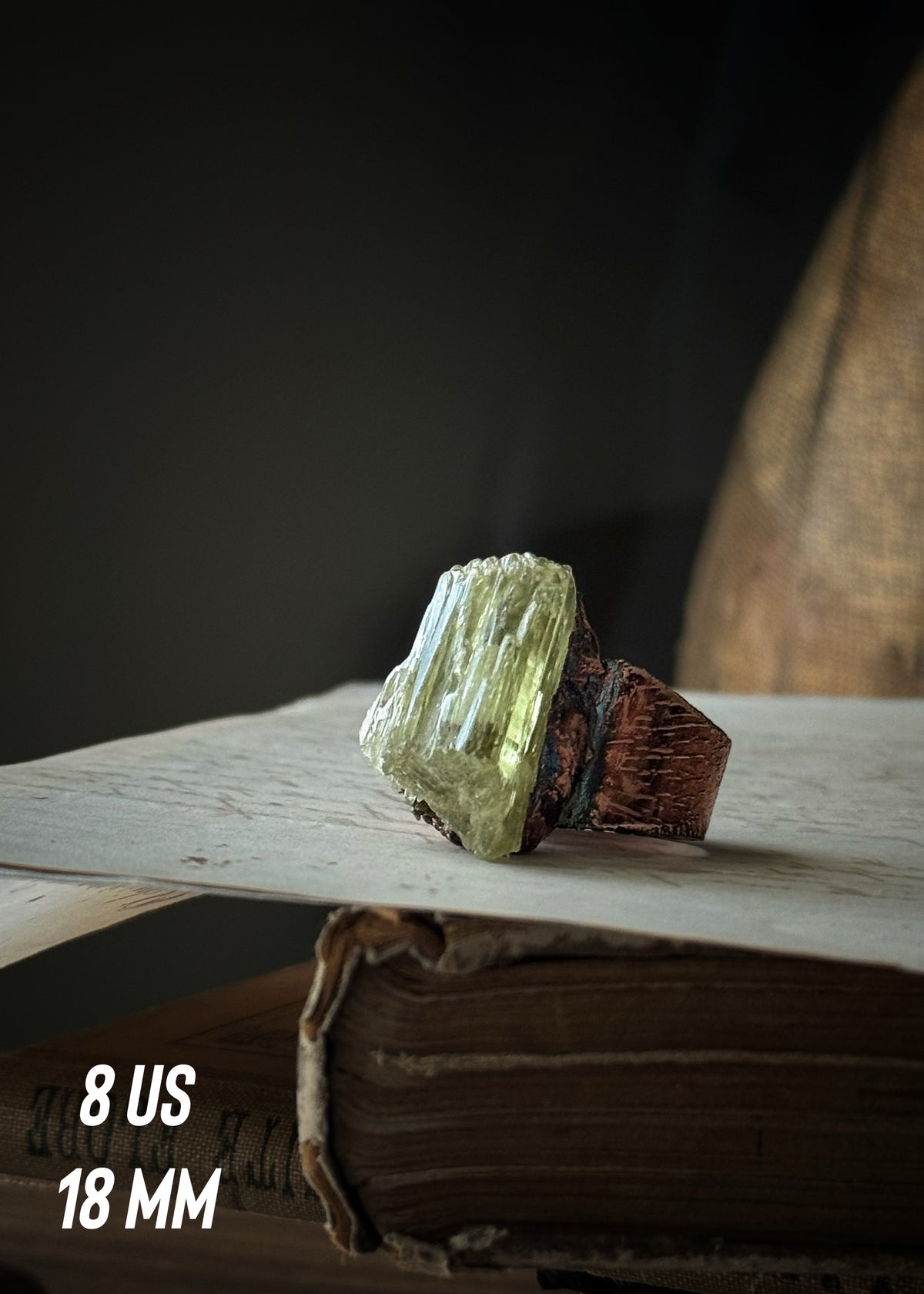 Raw green kunzite copper ring, US sizes 6 and 8