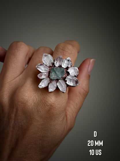 Anello in Rame con Quarzi Herkimer e Acquamarina | Mis. 8–9–10-11