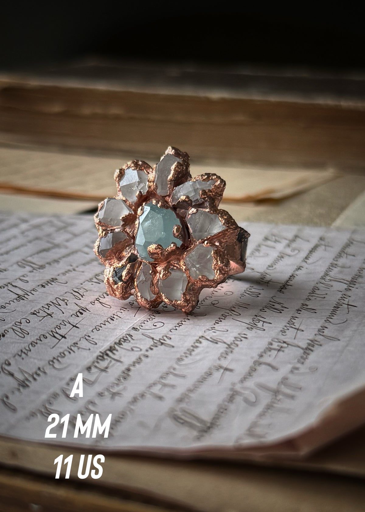 Anello in Rame con Quarzi Herkimer e Acquamarina | Mis. 6-7-8–9–11