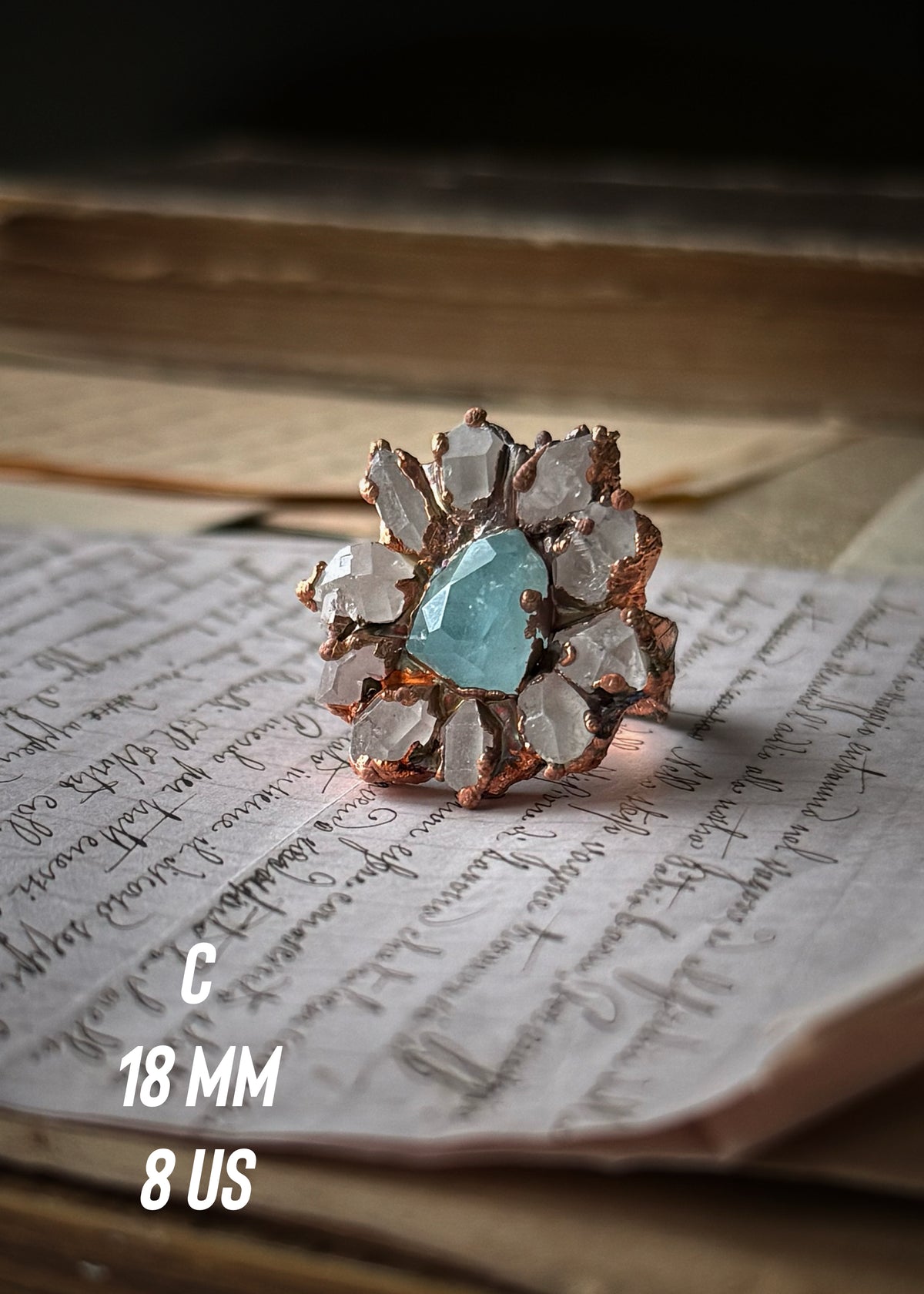 Anello in Rame con Quarzi Herkimer e Acquamarina | Mis. 6-7-8–9–11
