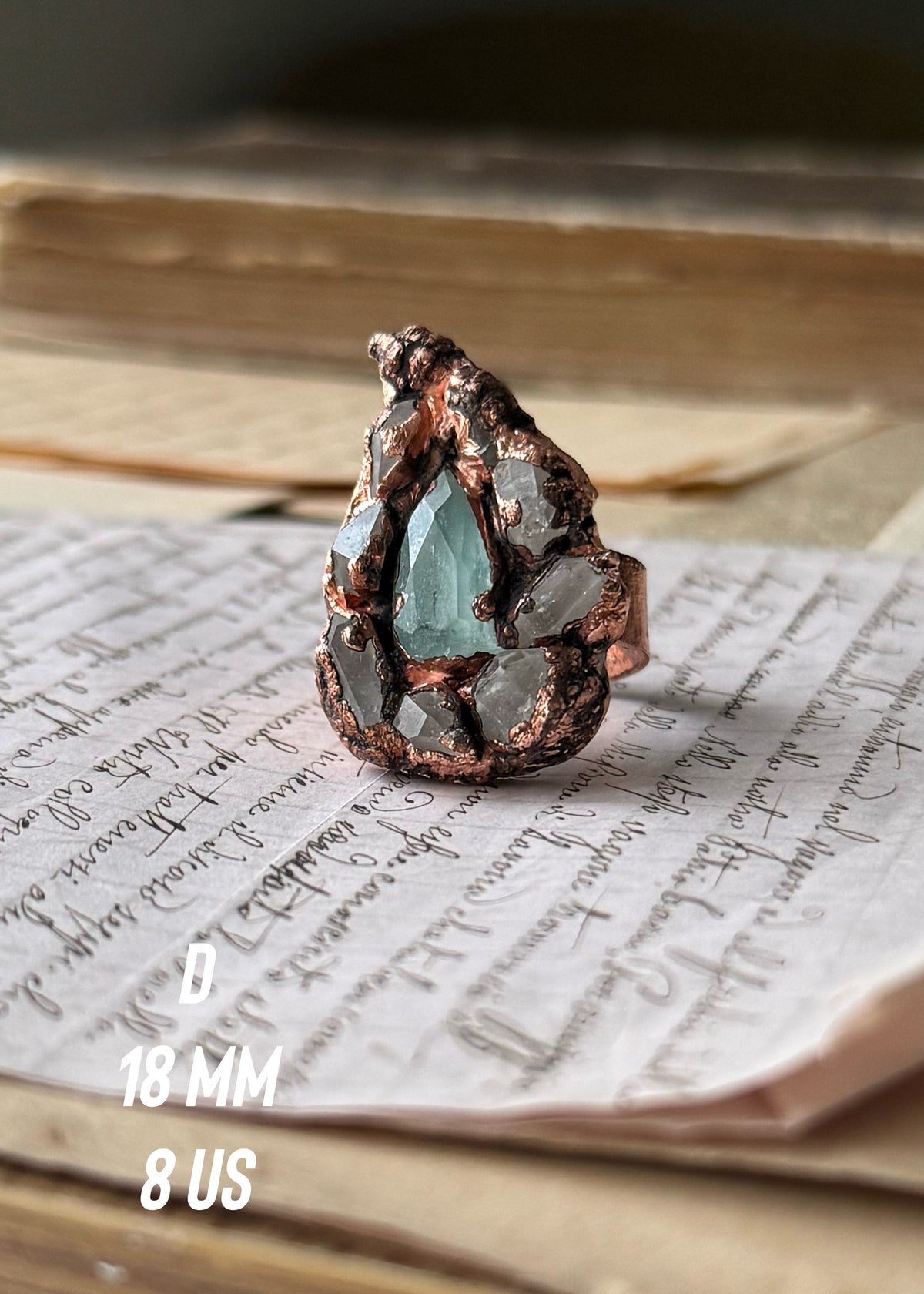 Anello in Rame con Quarzi Herkimer e Acquamarina | Mis. 6-7-8–9–11