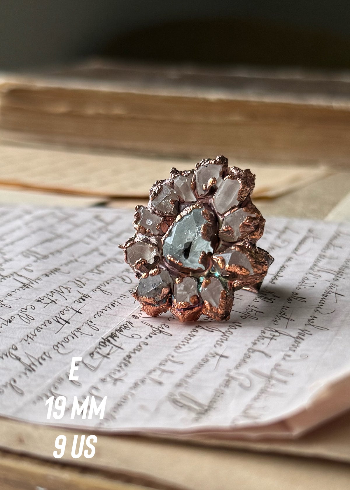 Anello in Rame con Quarzi Herkimer e Acquamarina | Mis. 6-7-8–9–11