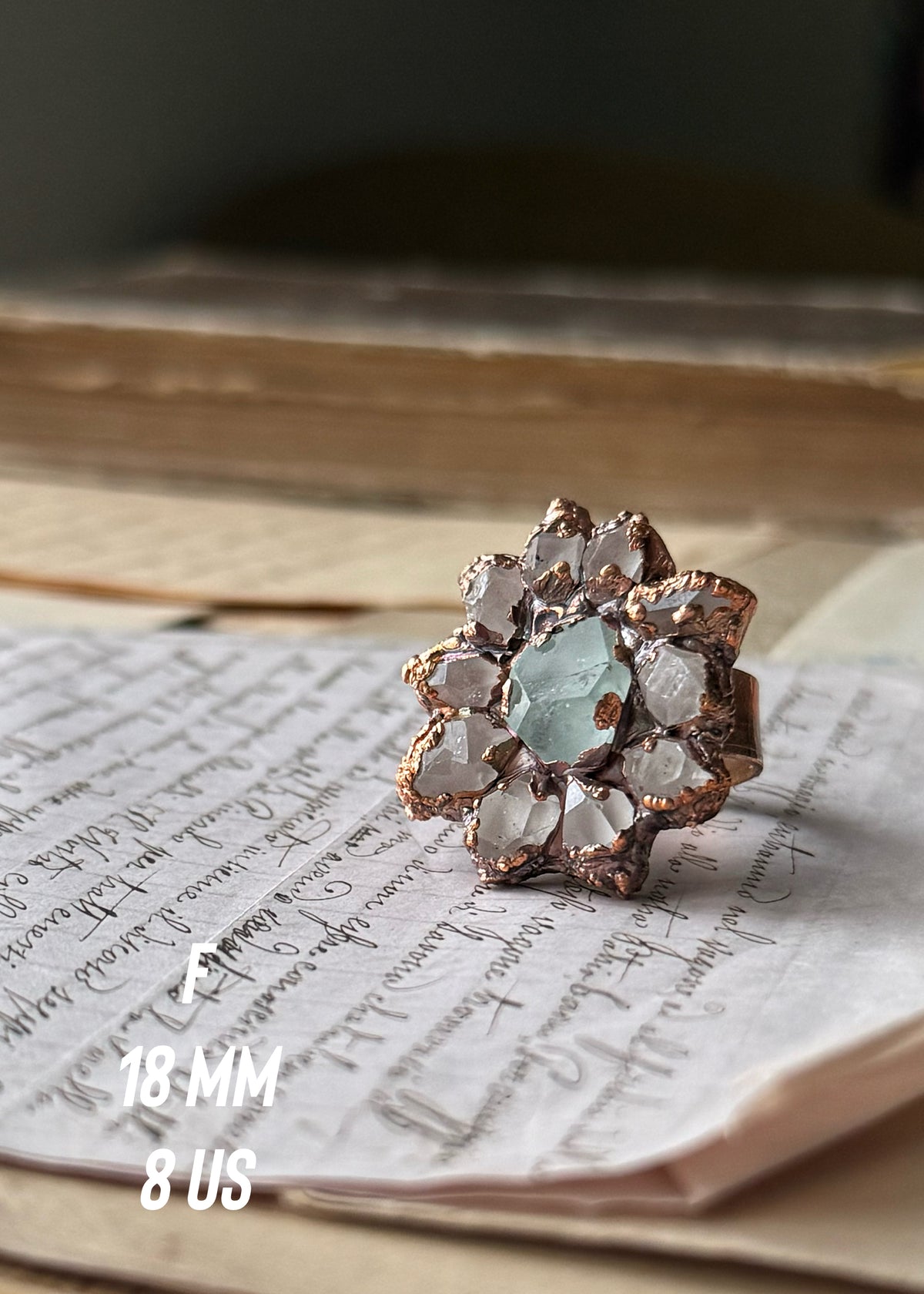 Anello in Rame con Quarzi Herkimer e Acquamarina | Mis. 6-7-8–9–11
