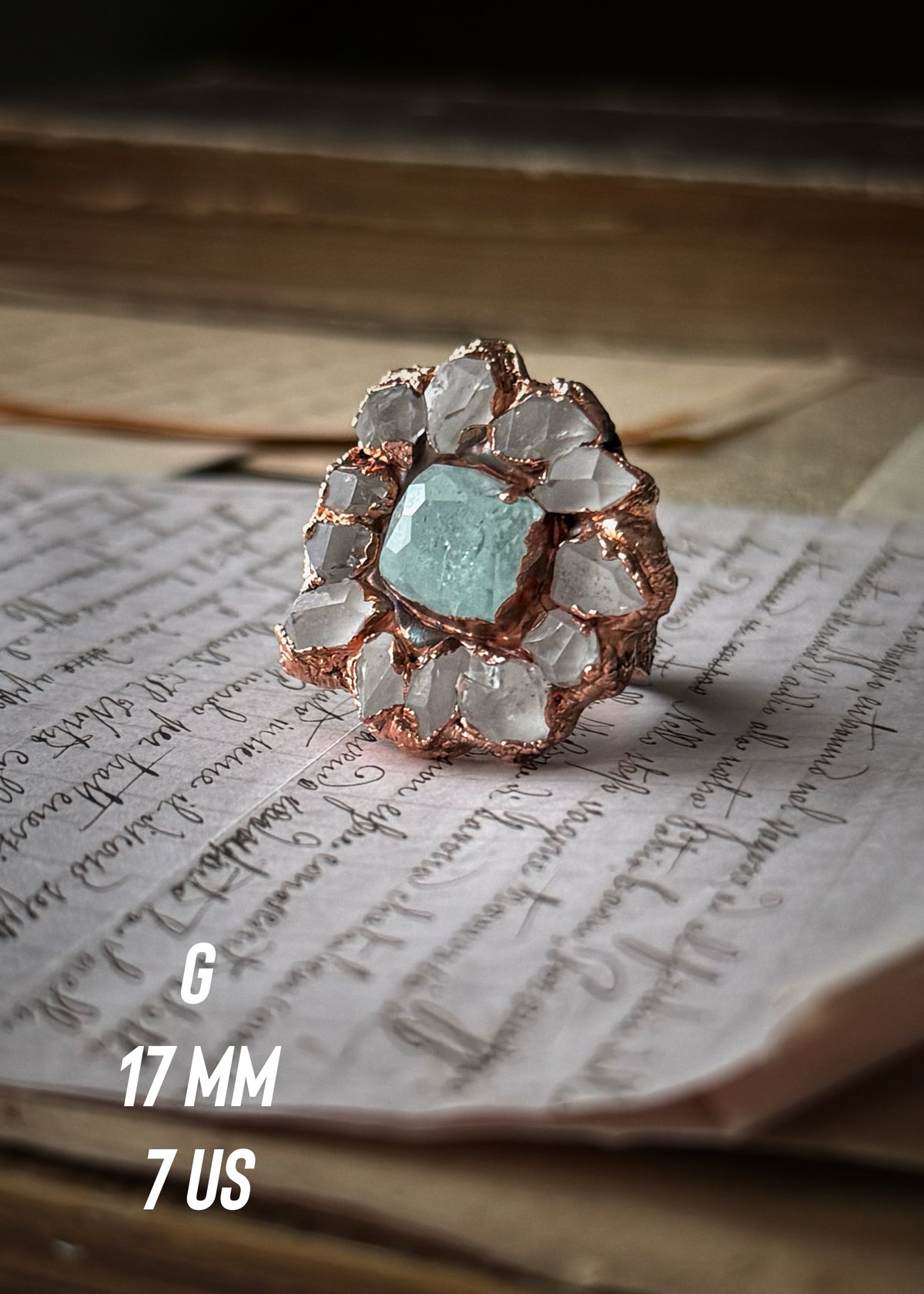 Anello in Rame con Quarzi Herkimer e Acquamarina | Mis. 6-7-8–9–11