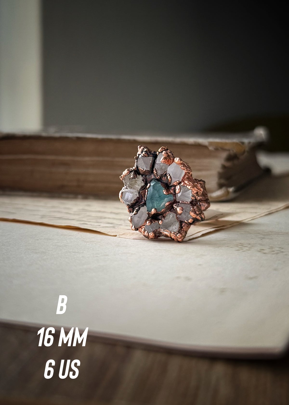 Anello in Rame con Quarzi Herkimer e Acquamarina | Mis. 6-7-8–9–11