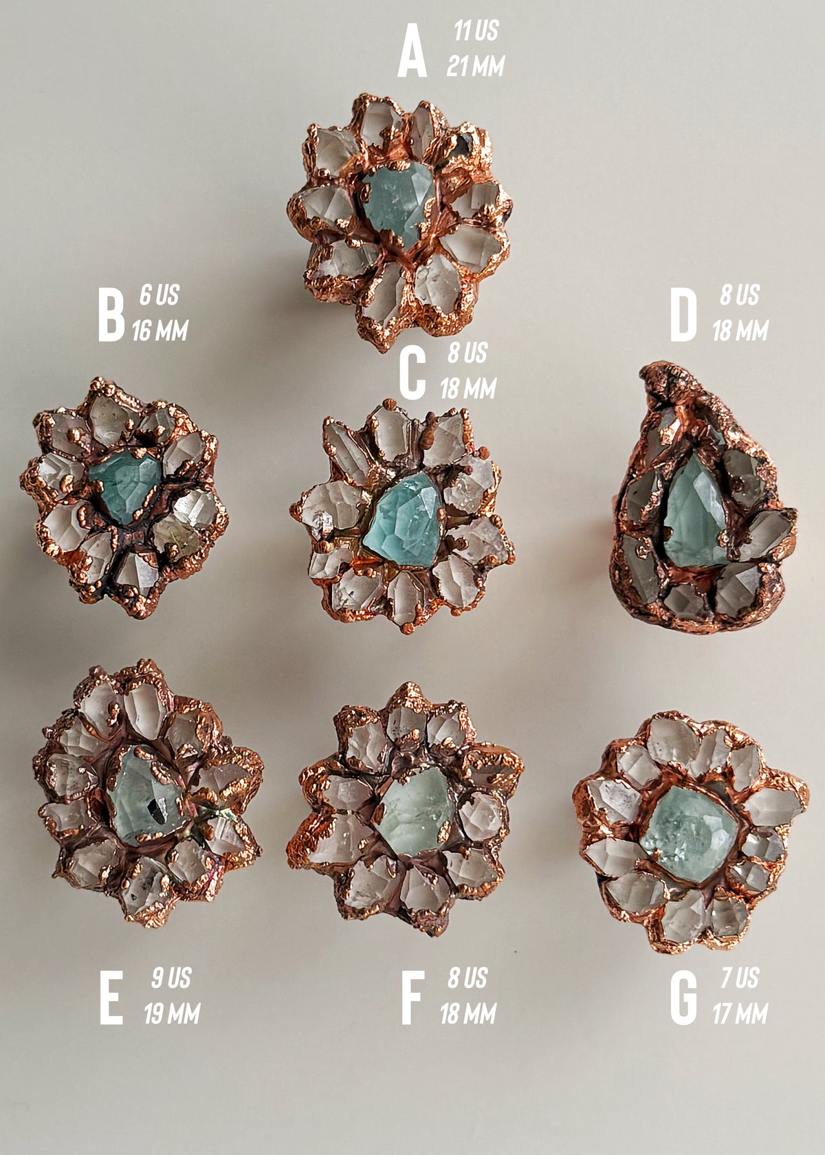 Anello in Rame con Quarzi Herkimer e Acquamarina | Mis. 6-7-8–9–11