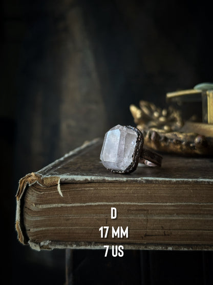Collection of rings in kunzite, fluorite and aquamarine