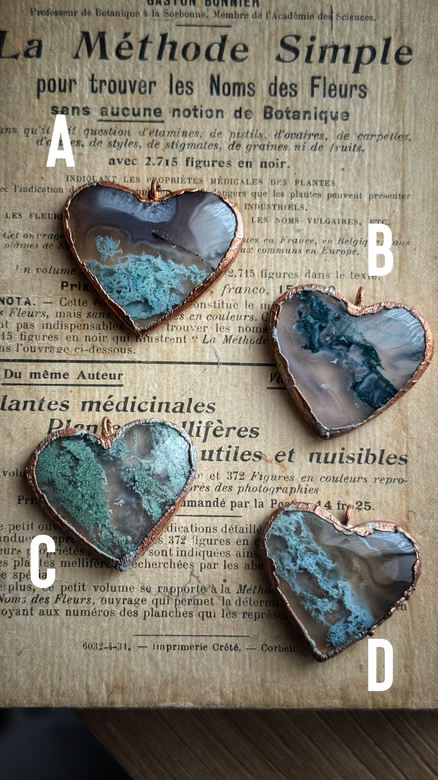 Moss Agate Heart Necklace. Copper and natural stone pendants. Heart necklaces for nature lovers. Custom-made.