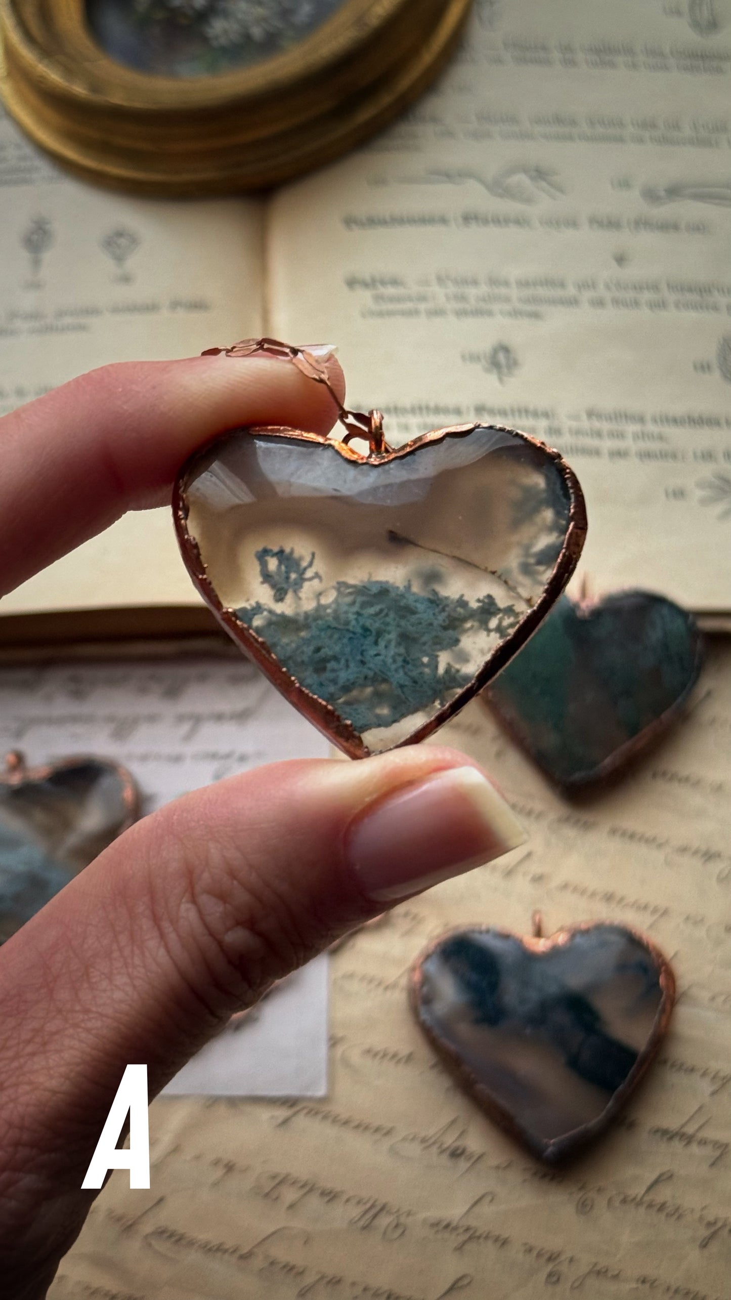 Moss Agate Heart Necklace. Copper and natural stone pendants. Heart necklaces for nature lovers. Custom-made.