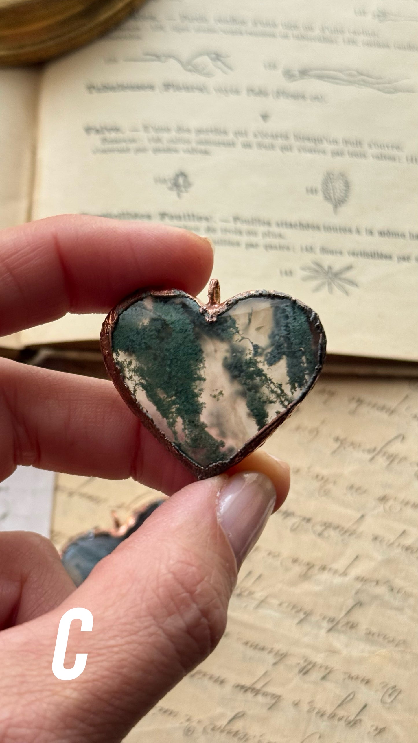 Moss Agate Heart Necklace. Copper and natural stone pendants. Heart necklaces for nature lovers. Custom-made.
