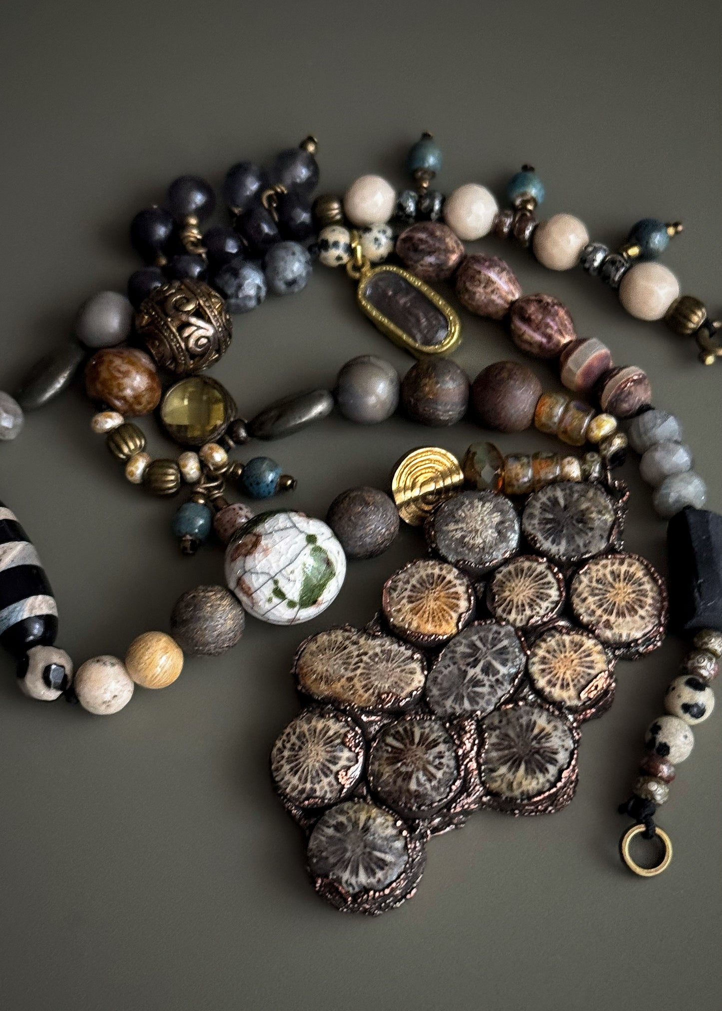 Necklace with natural stones and pendant with fossil coral