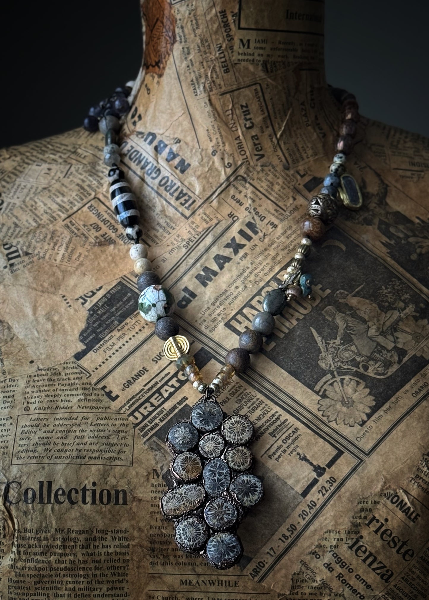 Necklace with natural stones and pendant with fossil coral