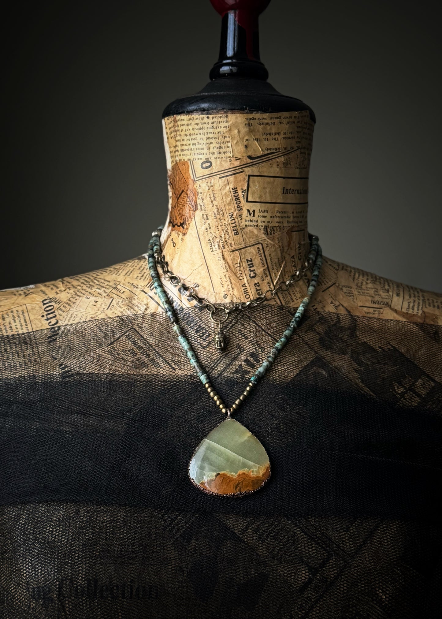 Collana Lunga Turchese Africano e Calcite Verde | 82cm Doppio Giro