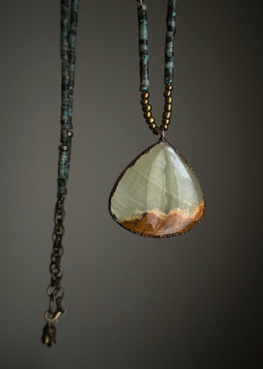 Collana Lunga Turchese Africano e Calcite Verde | 82cm Doppio Giro